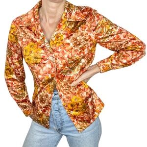 Vintage 70s orange rust floral dagger collar polyester blouse